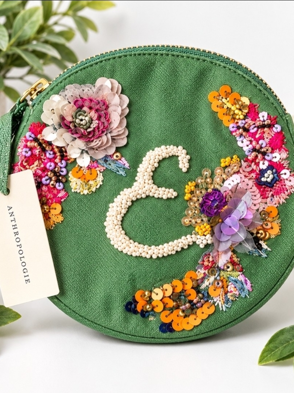 Anthropologie Green Round "E" Initial Pouch with Floral Bead Embellishments New